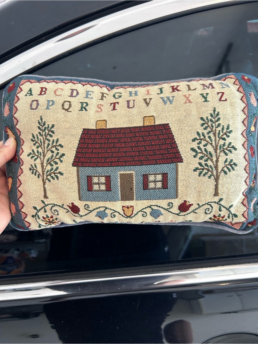 Handcrafted Folk House Needlepoint Small Pillow -Vintage